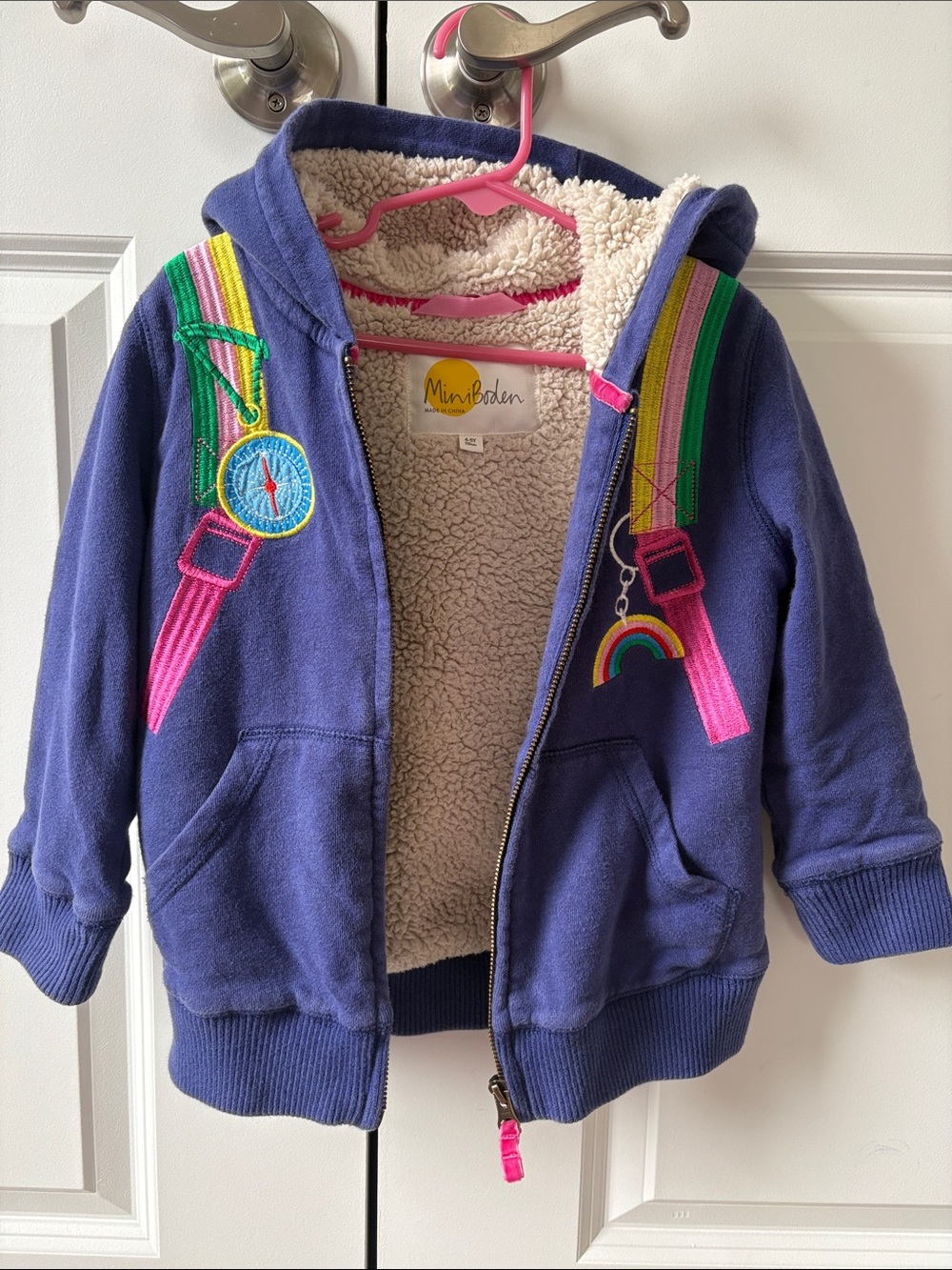Mini Boden Navy Hoodie with Rainbow and Pink Trim